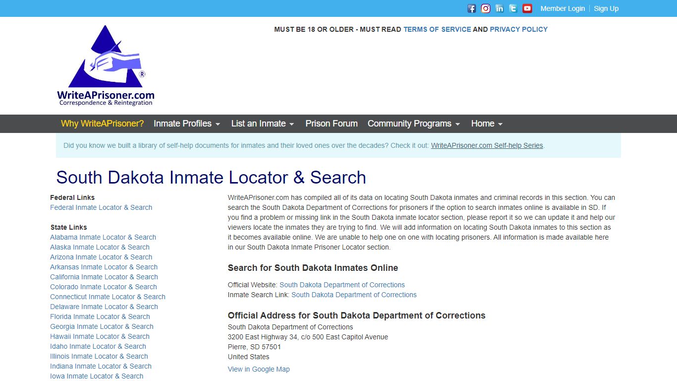 South Dakota Inmate Locator & Search | WriteAPrisoner.com